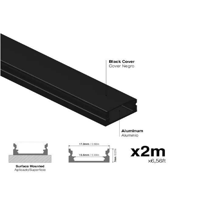 PERFIL ALUMINIO FLAT EXTERIOR 17X7mm NEGRO COVER OPAL 2mts